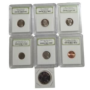INB Encapsulated Labeled Lot Of 7 U.S. Coins Nickle Dime Penny Half Dollar